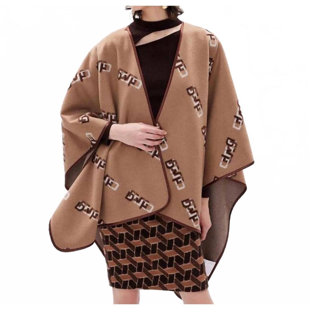 NEW DIANE VON FURSTENBERG curtis knit jacquard cape in dvf logo camel